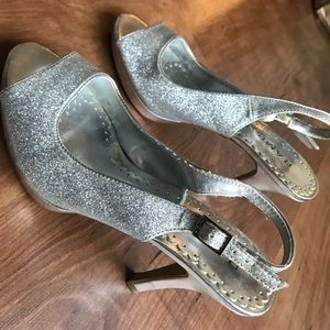 Rampage Strappy Open Toe Silver Glitter Toe Heel